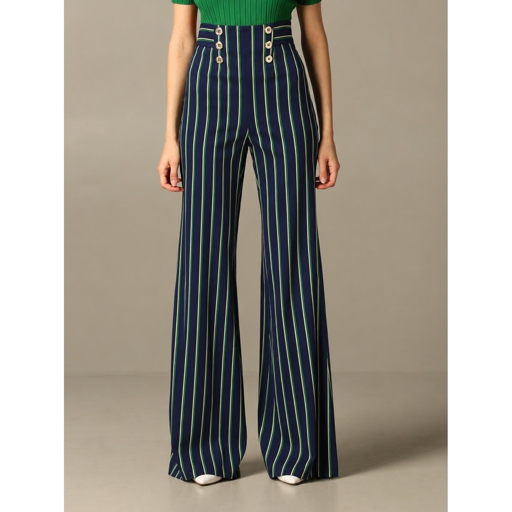 NWT Elisabetta Franchi High Waist Stripe Flare Palazzo Trouser Pants Navy 40 4